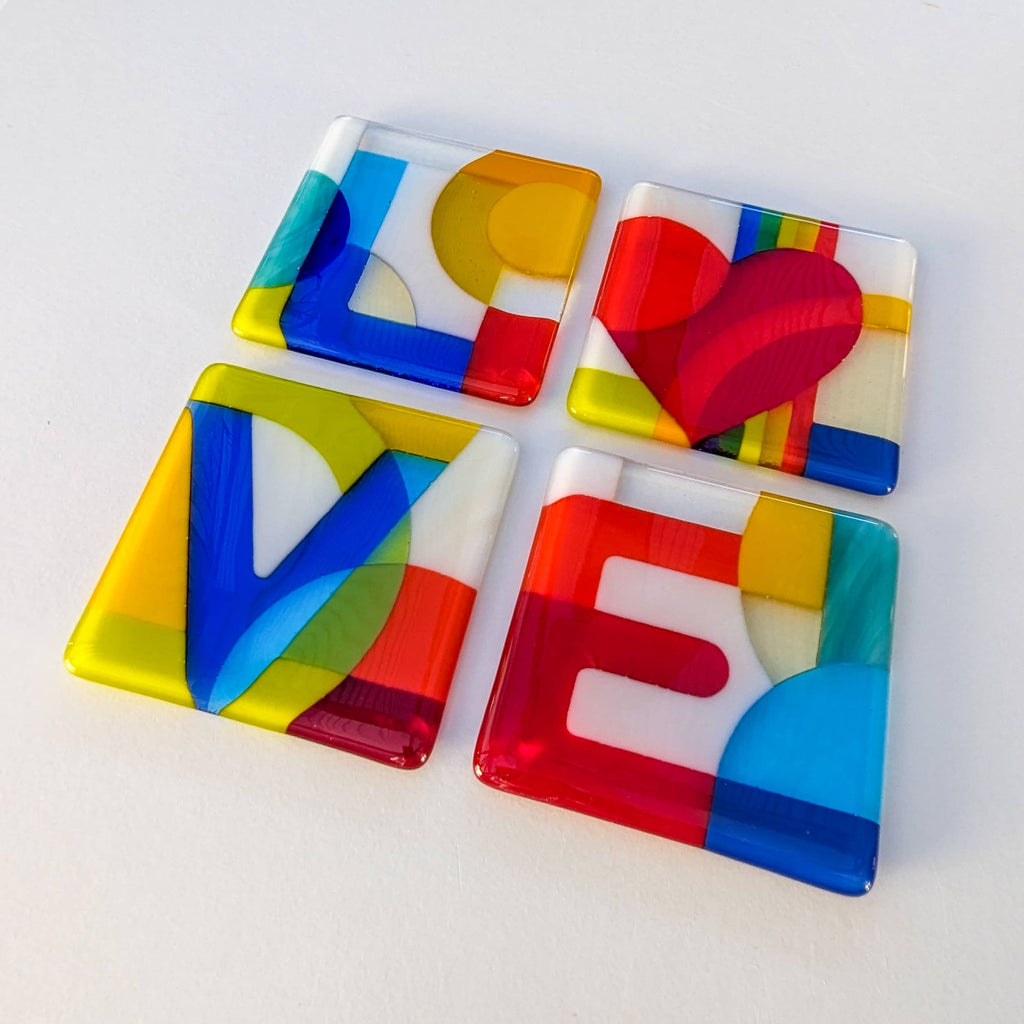 Set of LOVE rainbow coasters: Table art in glass