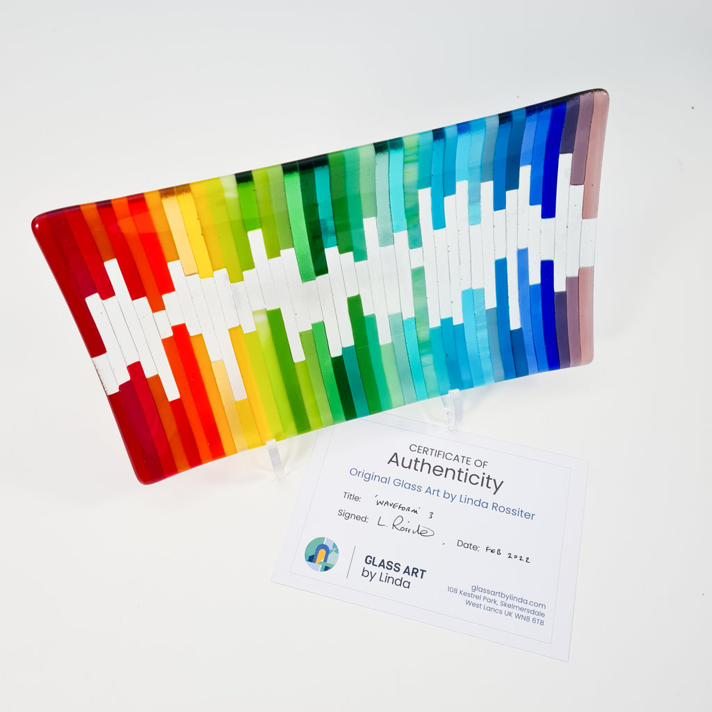 Rainbow waveform glass art dish certificate of authenticity