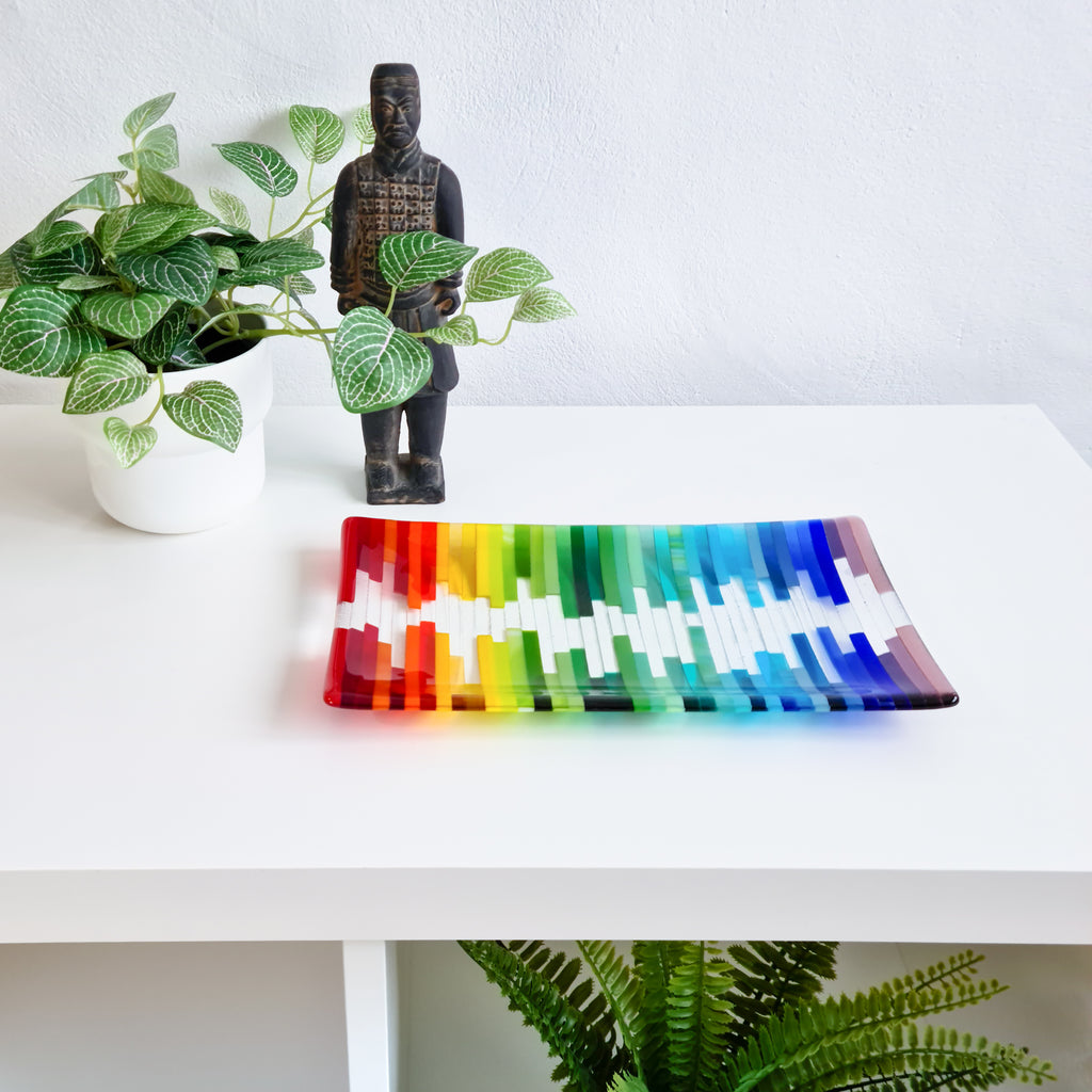 Rainbow waveform glass art dish