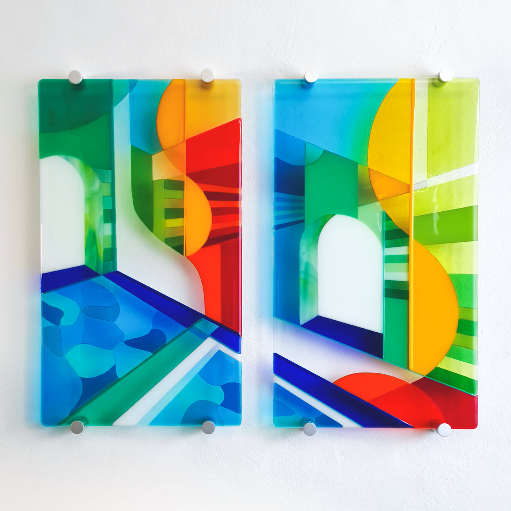 Biarritz diptych fused glass wall art. Two art glass panels forming one glass artwork