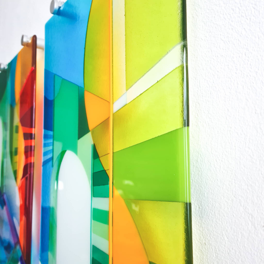 Biarritz diptych fused glass wall art. Close-up of stand-offs