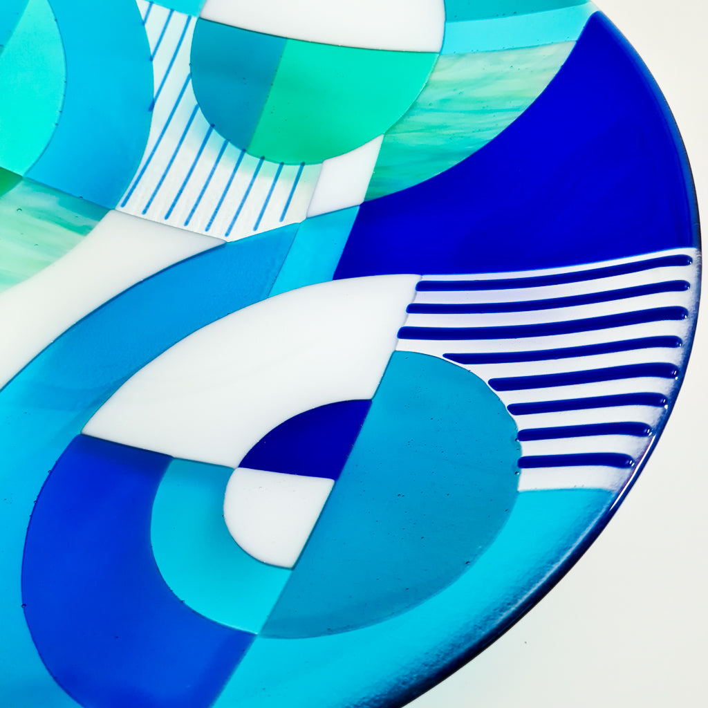 Swirls extra large round fused glass bowl Fused glass art in a modern Hard Edge style, made to order