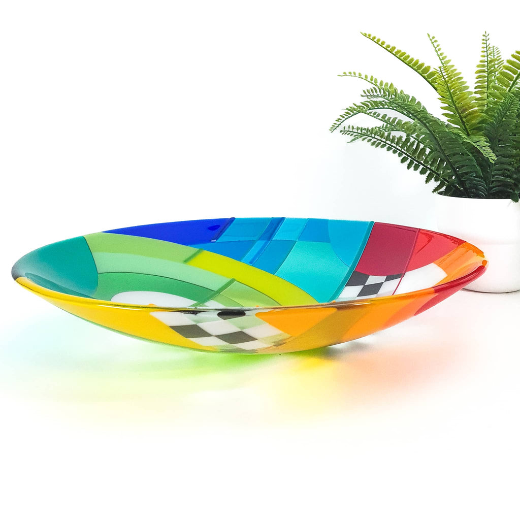Chequer extra large round fused glass bowl, fused glass art dish in rainbow colours in the Hard Edge style