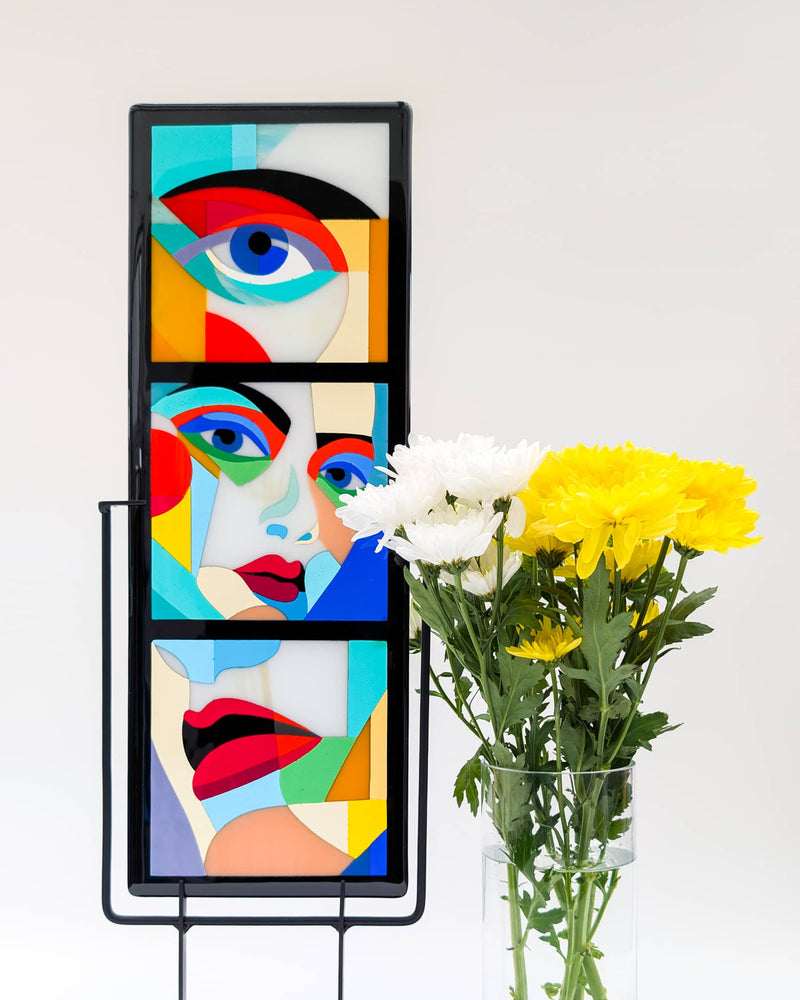 Alluring Montage - fused glass art tallboy on stand