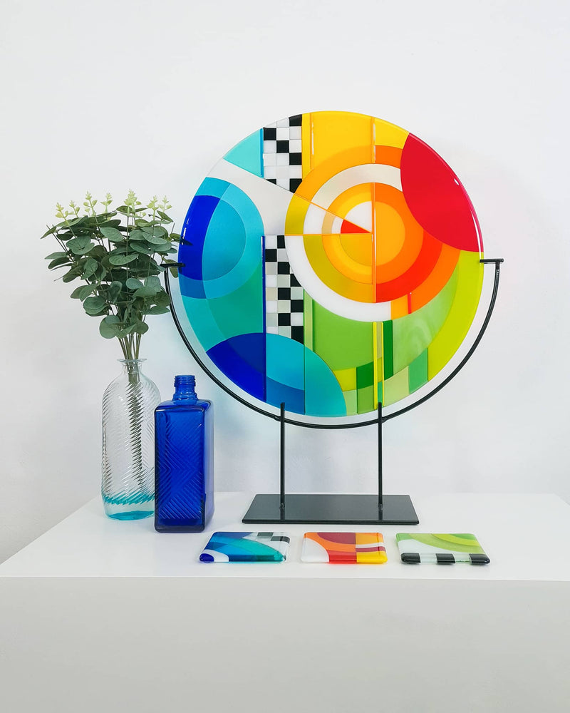 'Chequer' Large fused glass art roundel on custom stand