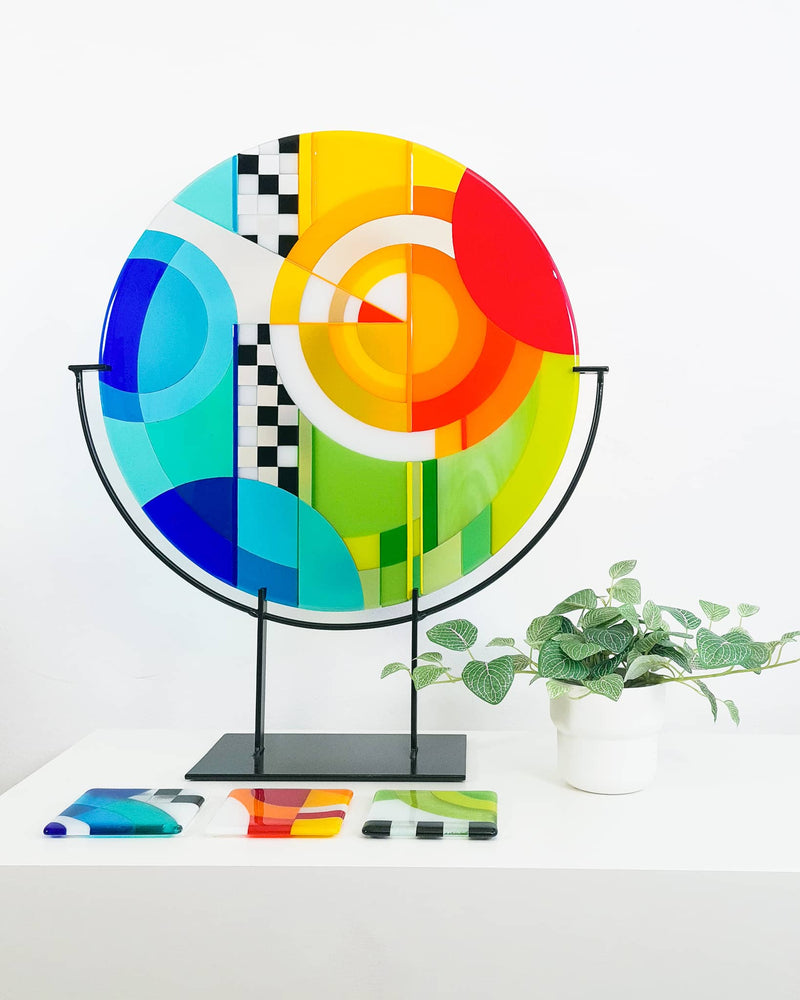 'Chequer' Large fused glass art roundel on custom stand