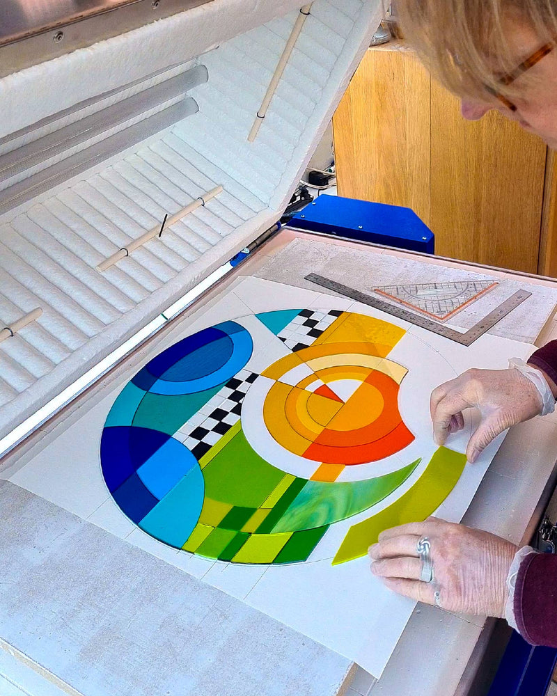 'Chequer' Large fused glass art roundel ready to be fused in the kiln