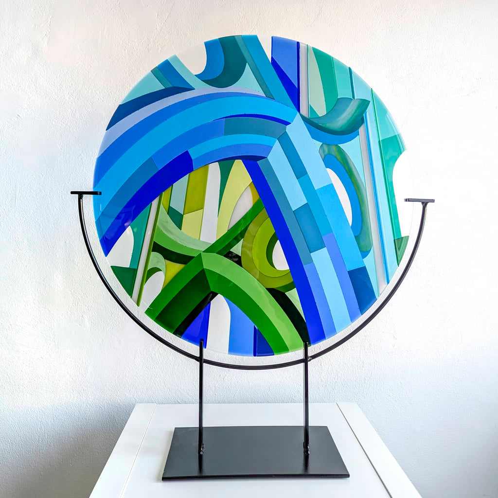 Cobalt Cathedral fused glass art roundel