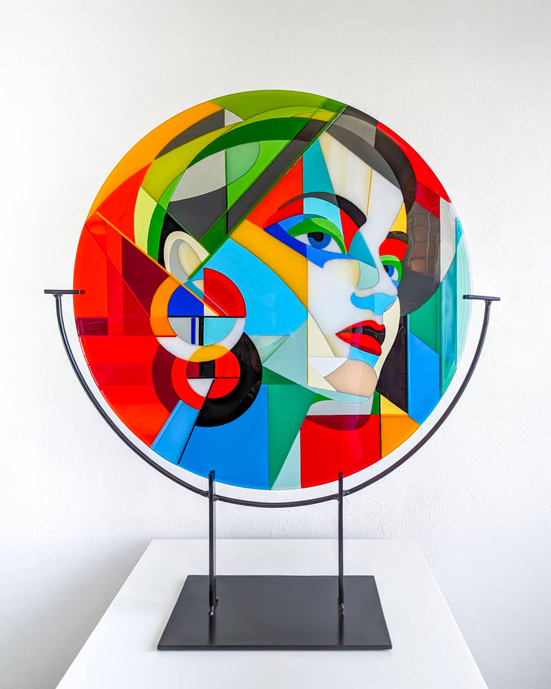 'Earrings' Large fused glass art roundel on custom stand