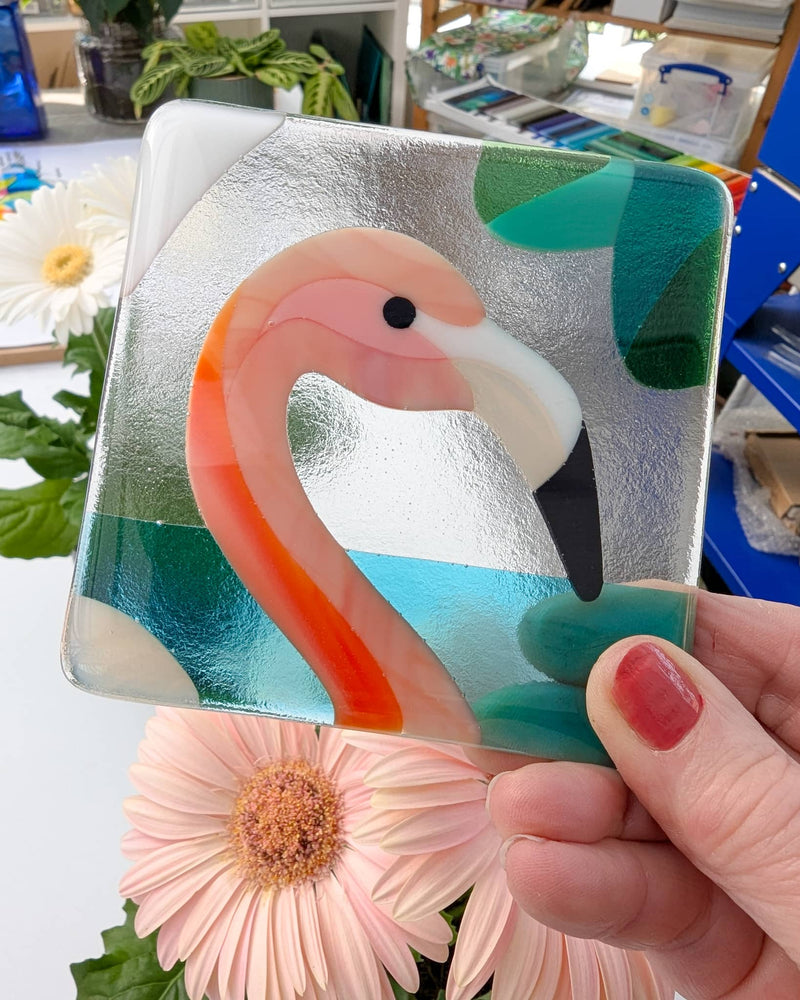 'Flamboyance' fused glass art - Fused glass flamingo with tropical background