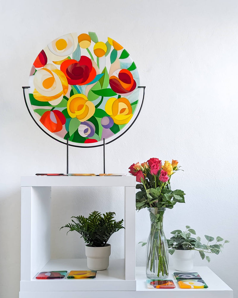 'Floral' fused glass art roundel on custom stand