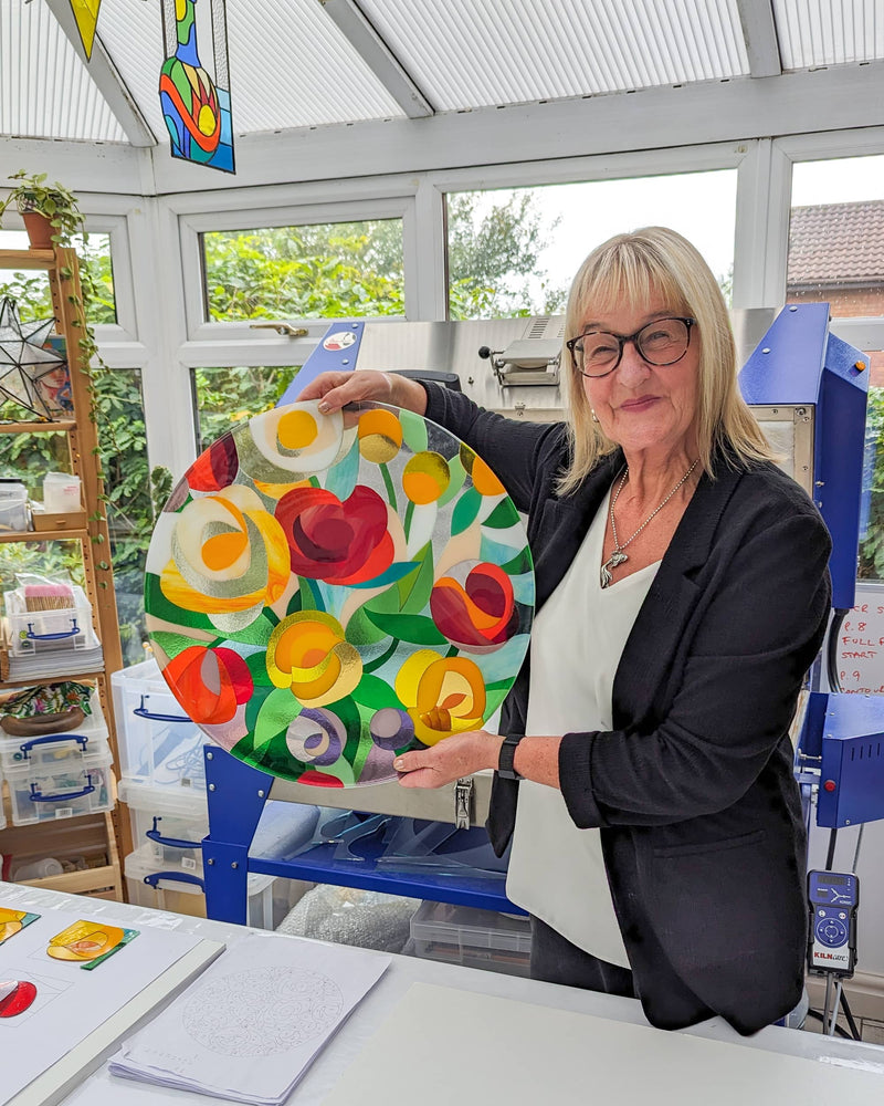 'Floral' fused glass art roundel on custom stand