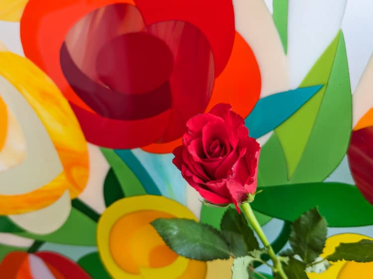 Floral: Reimagined: Unique glass roundel in floral colours in the Hard Edge glassart style