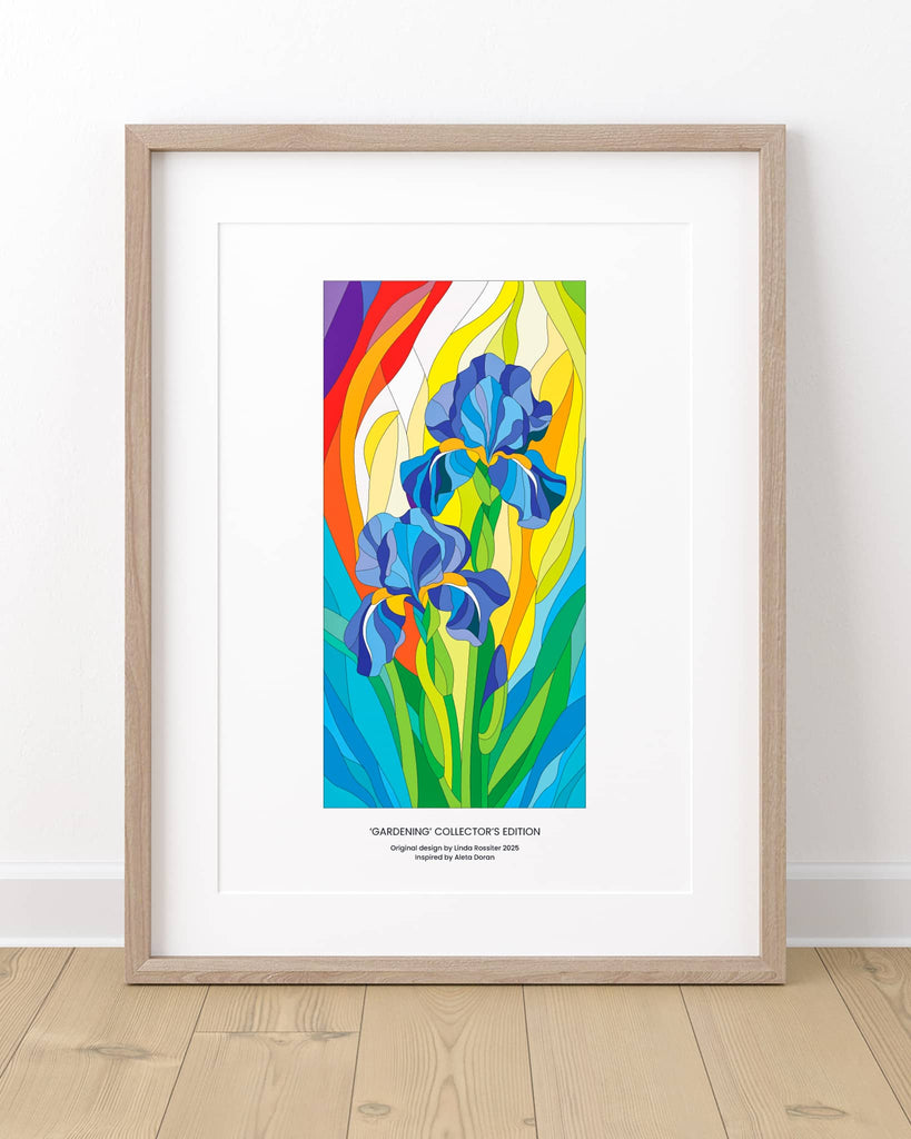Signed collector’s print of Hard Edge fused glass Gardening artwork, contemporary limited edition glass art print for collectors