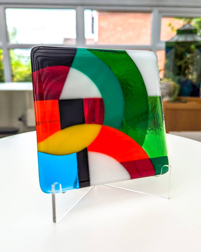 Commissioned contemporary Hard Edge glass Gaze Miniature by Linda Rossiter showing close-up detail of one finished abstract design