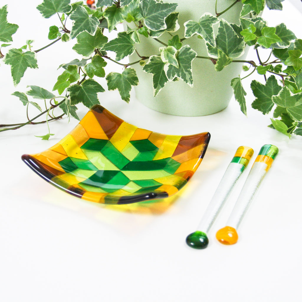 Fused glass dish, handmade glass art bowl and swizzle sticks in green, orange and yellow