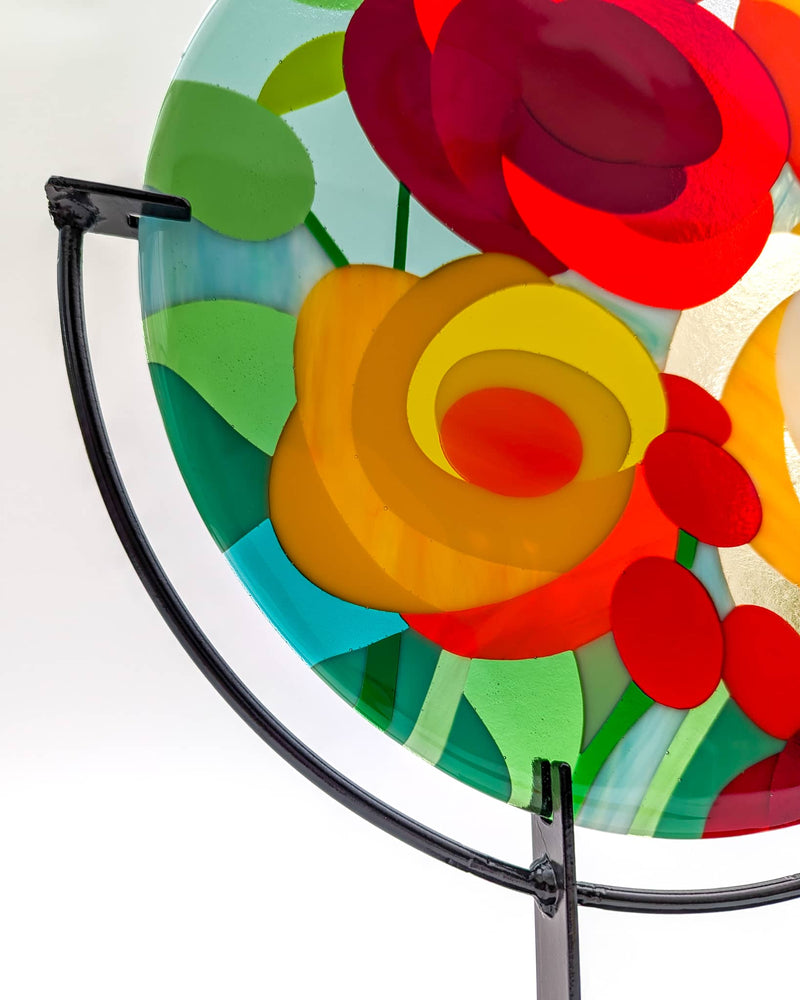 'Floral 2' medium glass art roundel on custom stand