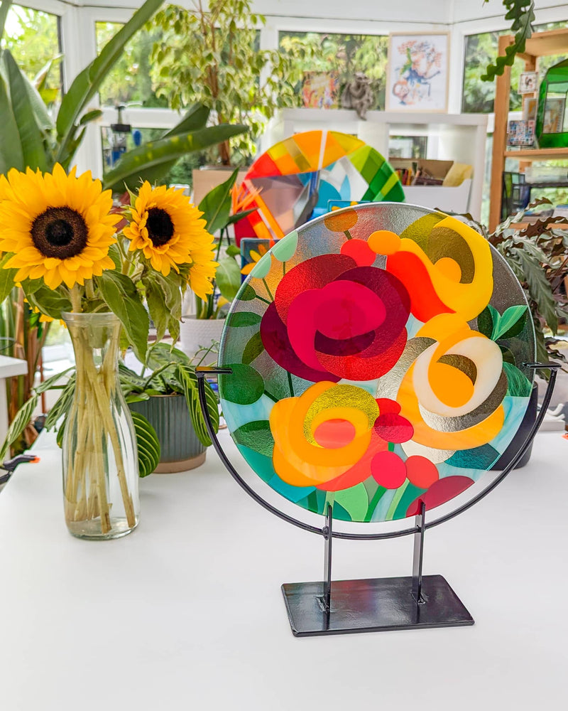 'Floral 2' medium glass art roundel on custom stand
