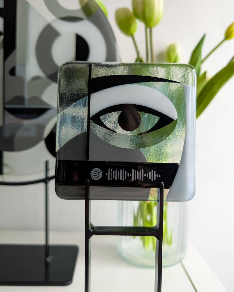 One-off commissioned contemporary glass Miniature by Linda Rossiter featuring an abstract eye and engraved Spotify code inspired by a collector's favourite song