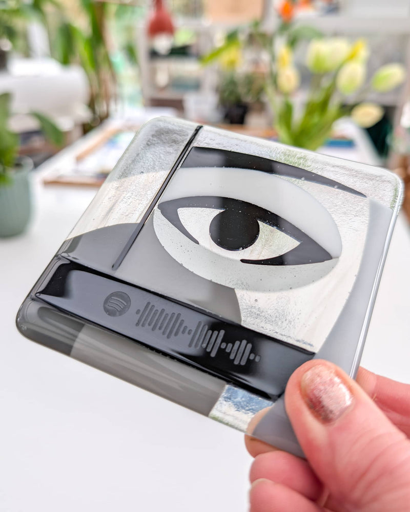 Close-up of commissioned contemporary glass Miniature showing the engraved Spotify code