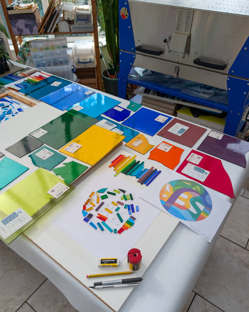 'More Than' commissioned contemporary Hard Edge glass Miniature keepsake box lid in progress showing the colour planning, glass selection and design layout before cutting