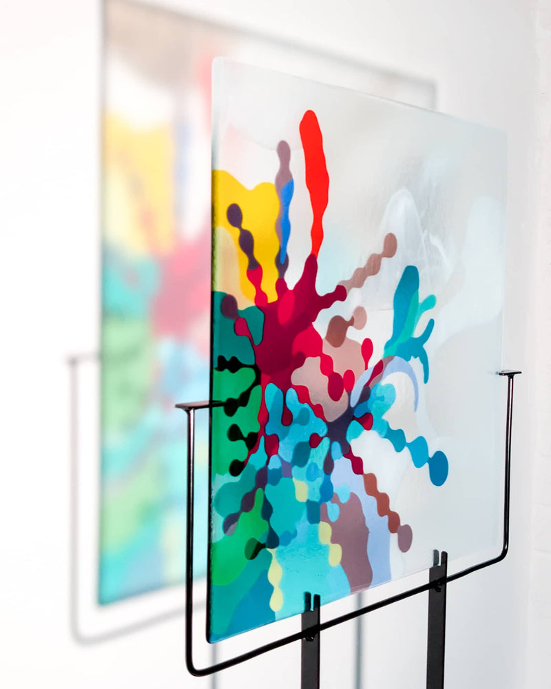 'Orchid Bloom' fused glass art on custom stand