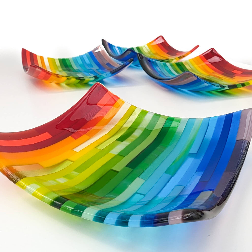 Rainbow stripes fused glass art dish