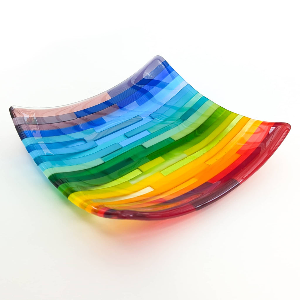 Rainbow stripes fused glass art dish