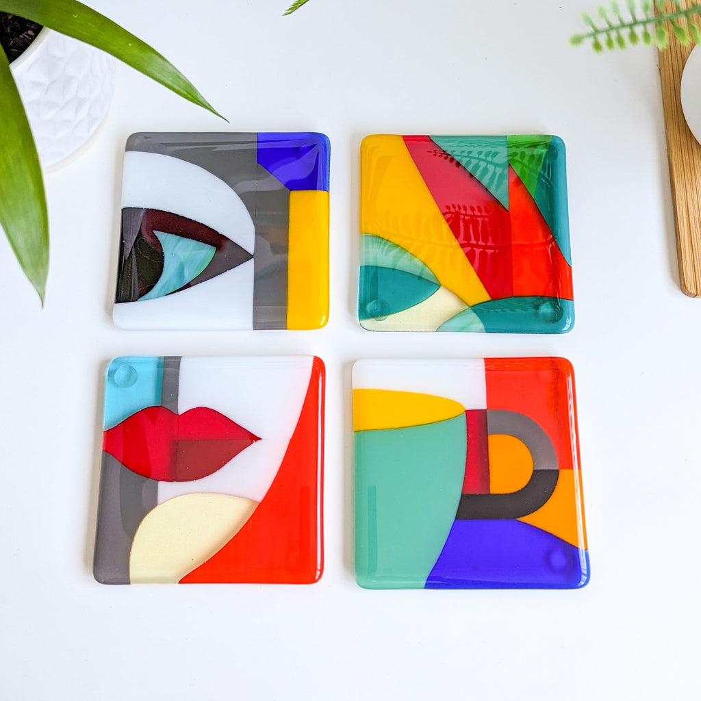 Glass art coasters: Gallery: Original fused glass table art in vivid colours