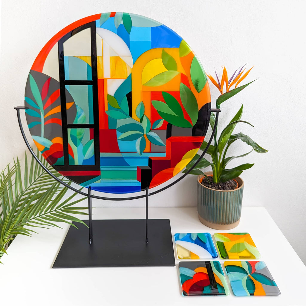 Orangerie large round fused glass art sculpture by Glass Art by Linda. Fused glass artwork lush strong colours in the Hard Edge glass art style