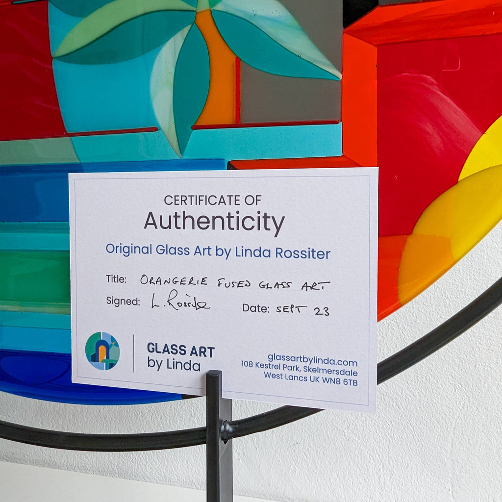 Certificate of Authenticity: Orangerie large round fused glass art sculpture by Glass Art by Linda. Fused glass artwork lush strong colours in the Hard Edge glass art style