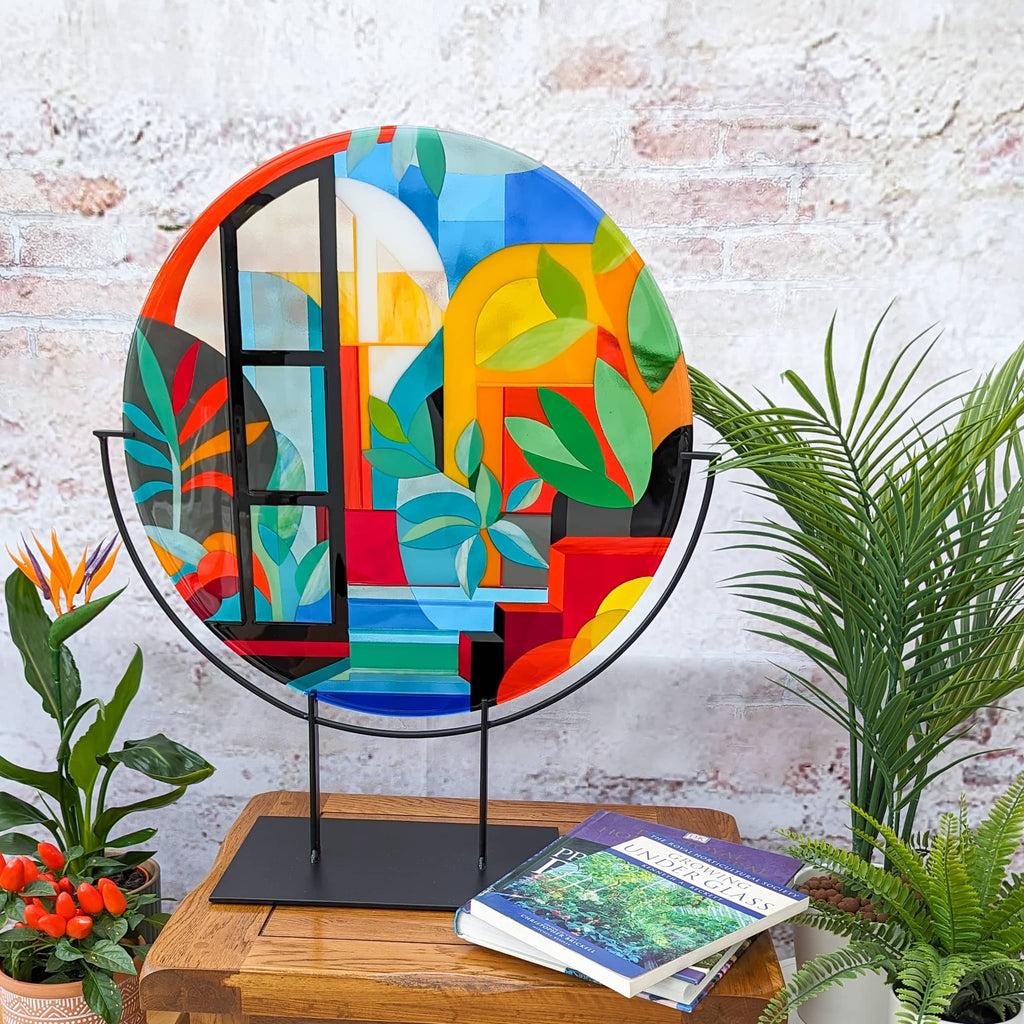 Orangerie large round fused glass art sculpture by Glass Art by Linda. Fused glass artwork lush strong colours in the Hard Edge glass art style