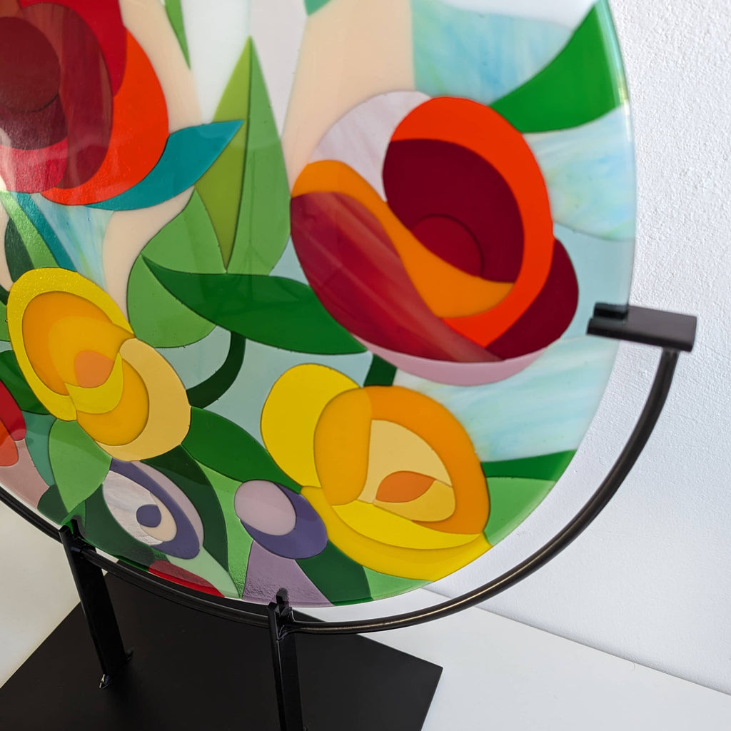 Floral fused glass roundel: Glass Art by Linda
