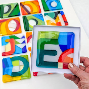 Coasters - art glass for tables - unique fused glass letters