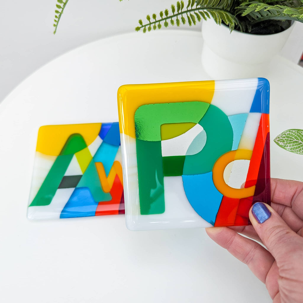 2-letter Alphabet miniatures - art glass for tables - unique fused glass letters