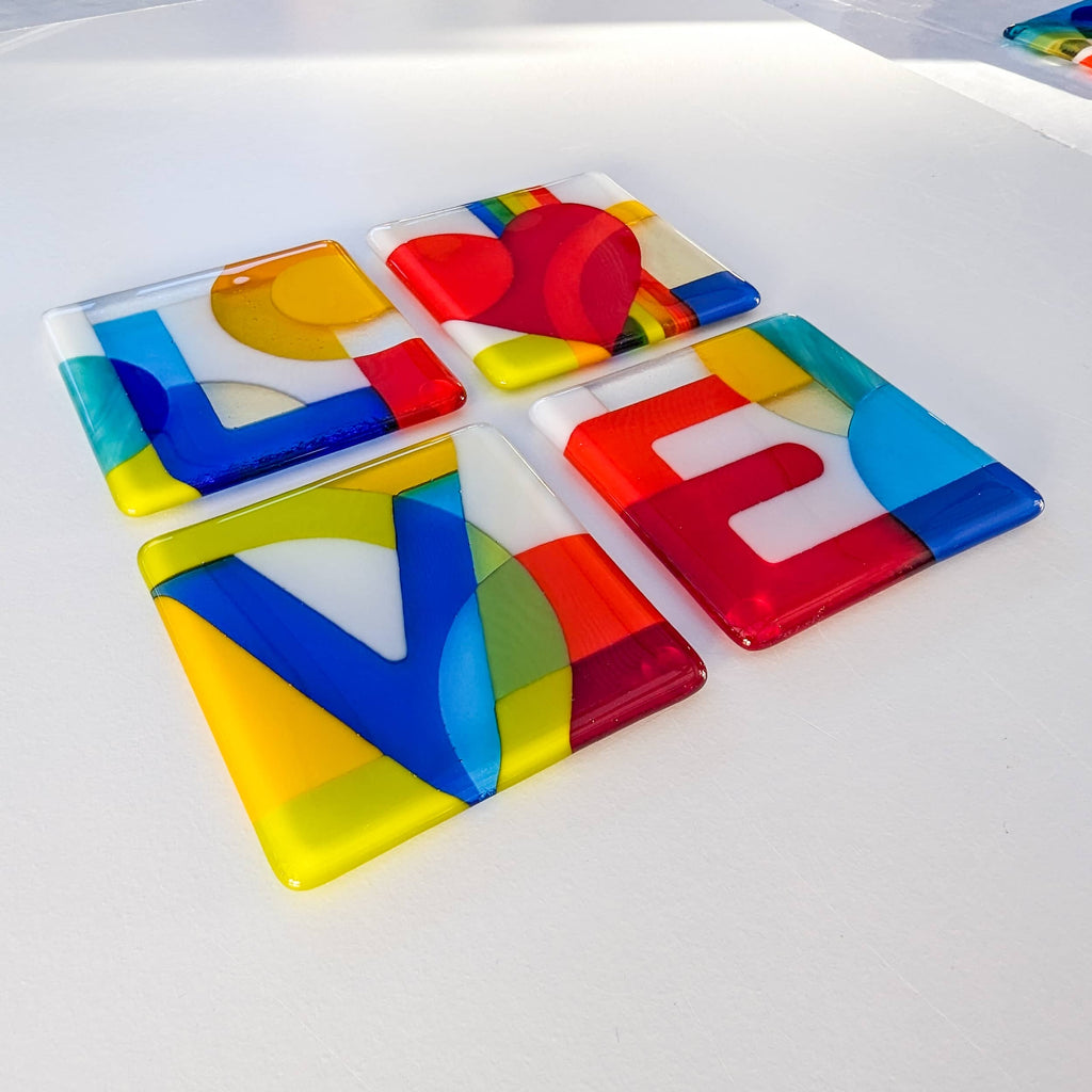Set of LOVE rainbow coasters: Table art in glass