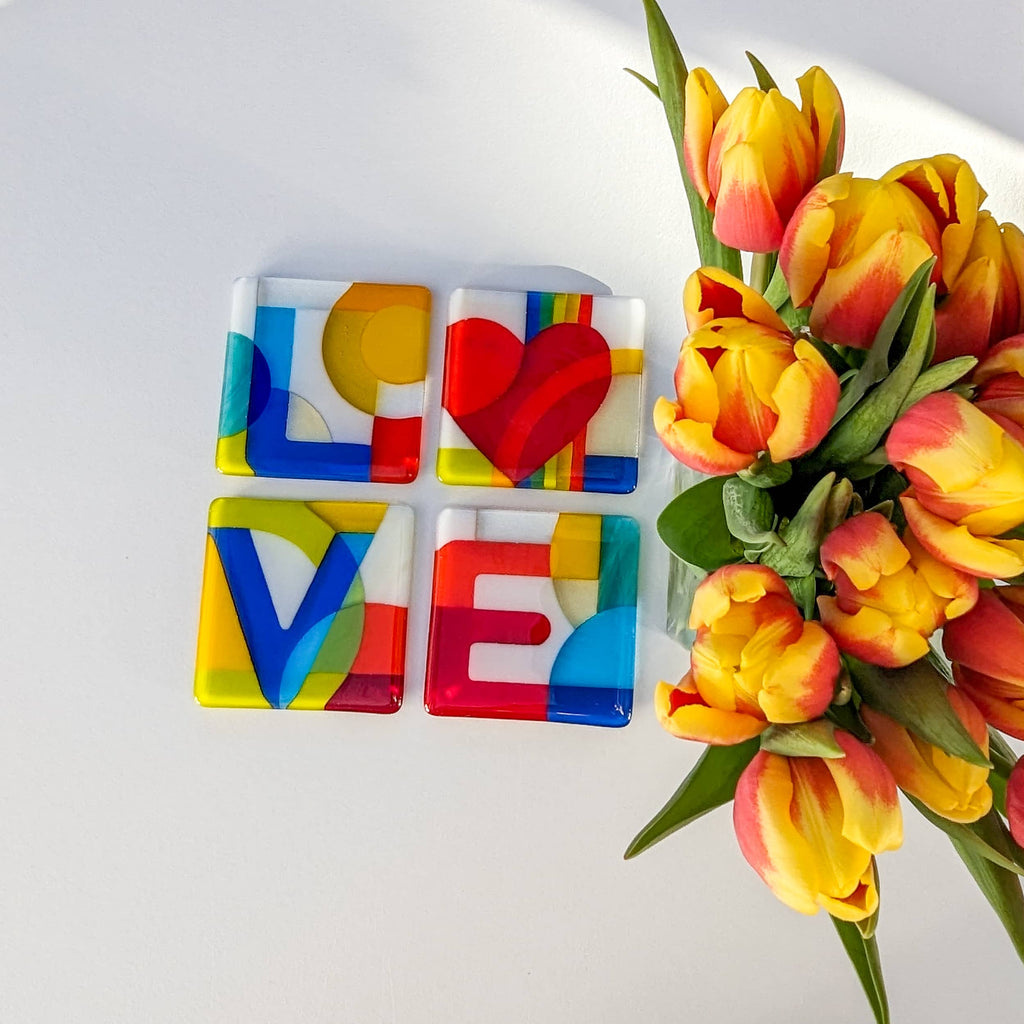 Set of LOVE rainbow coasters: Table art in glass