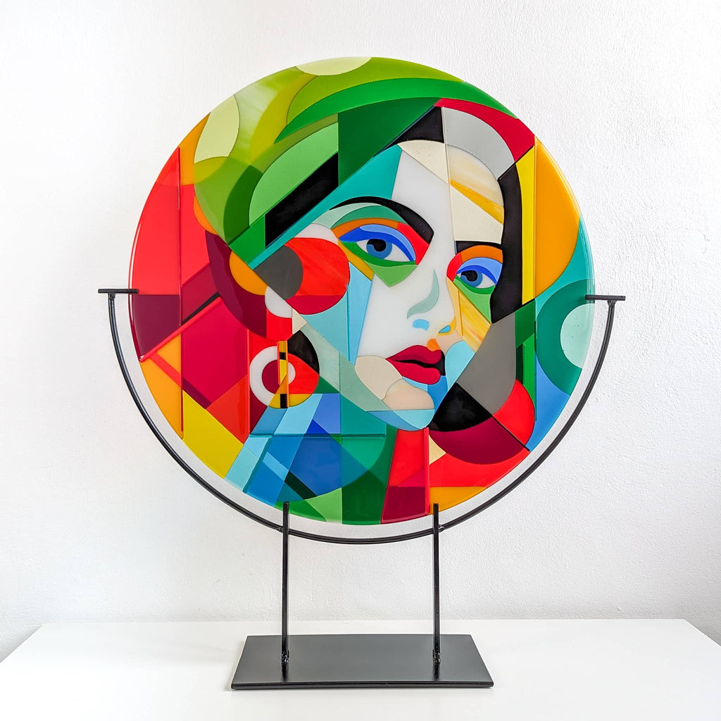 Gaze large round fused glass art sculpture by Glass Art by Linda. Fused glass artwork in passionate colours in the Hard Edge glass art style
