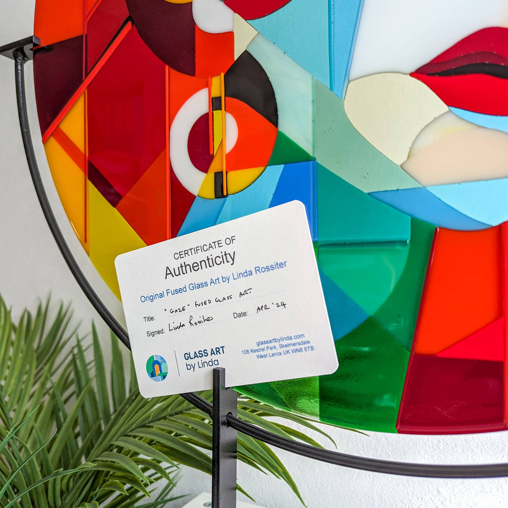 Certificate of Authenticity: Gaze large round fused glass art sculpture by Glass Art by Linda. Fused glass artwork in passionate colours in the Hard Edge glass art style