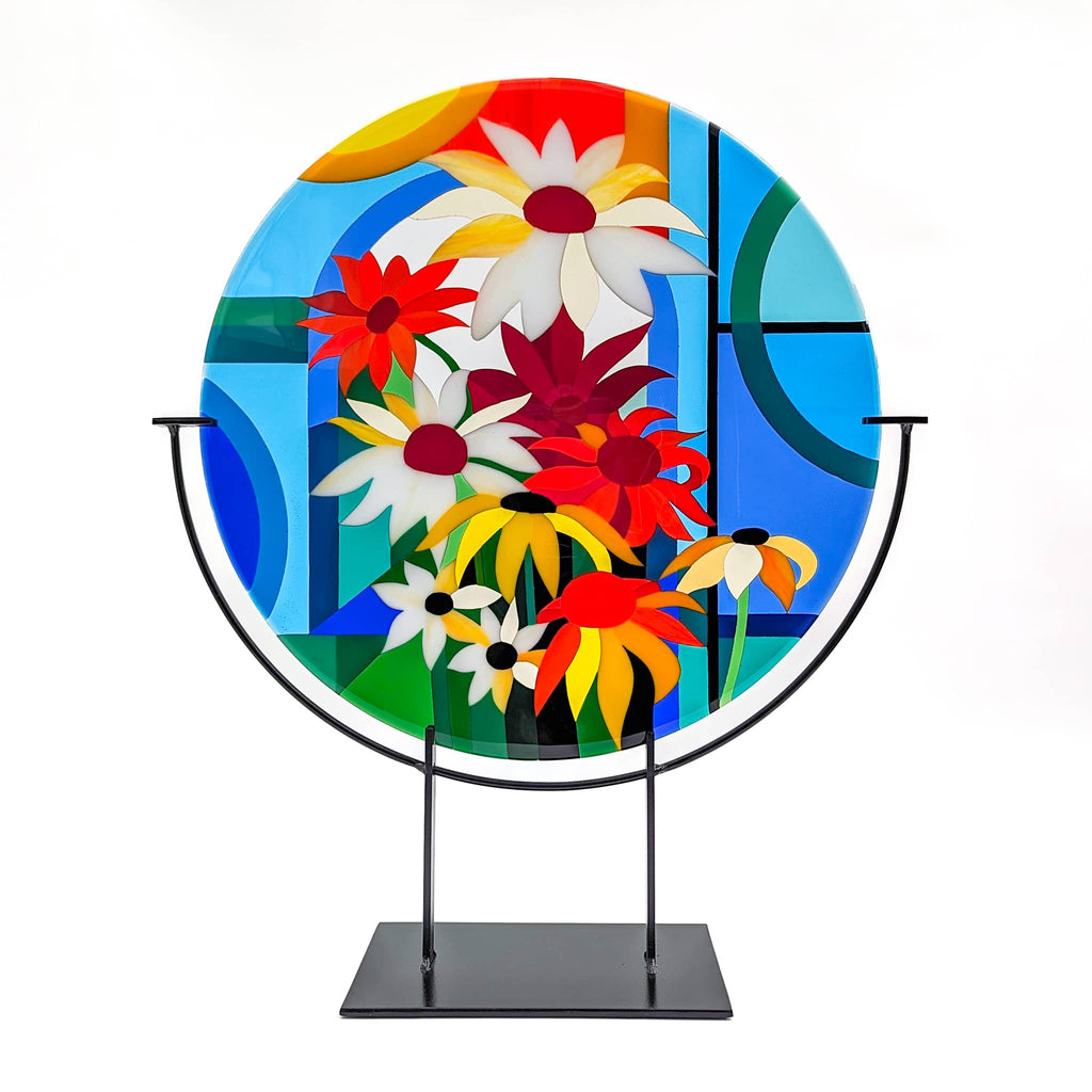 Abundance large round fused glass art sculpture by Glass Art by Linda. Fused glass artwork in the Hard Edge glass art style