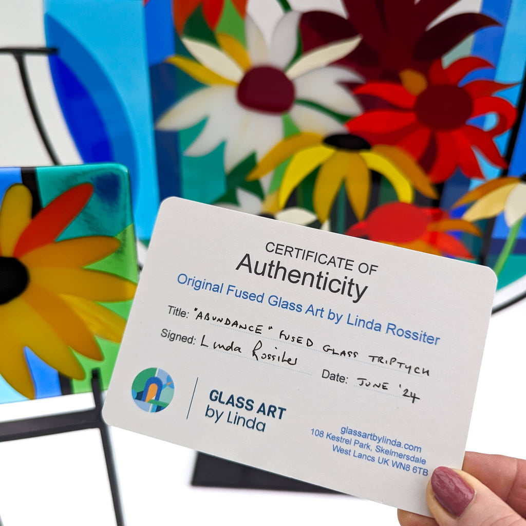 Certificate of Authenticity: The Abundance Triptych large round fused glass art sculpture in 3 parts by Glass Art by Linda. Fused glass artwork in the Hard Edge glass art style