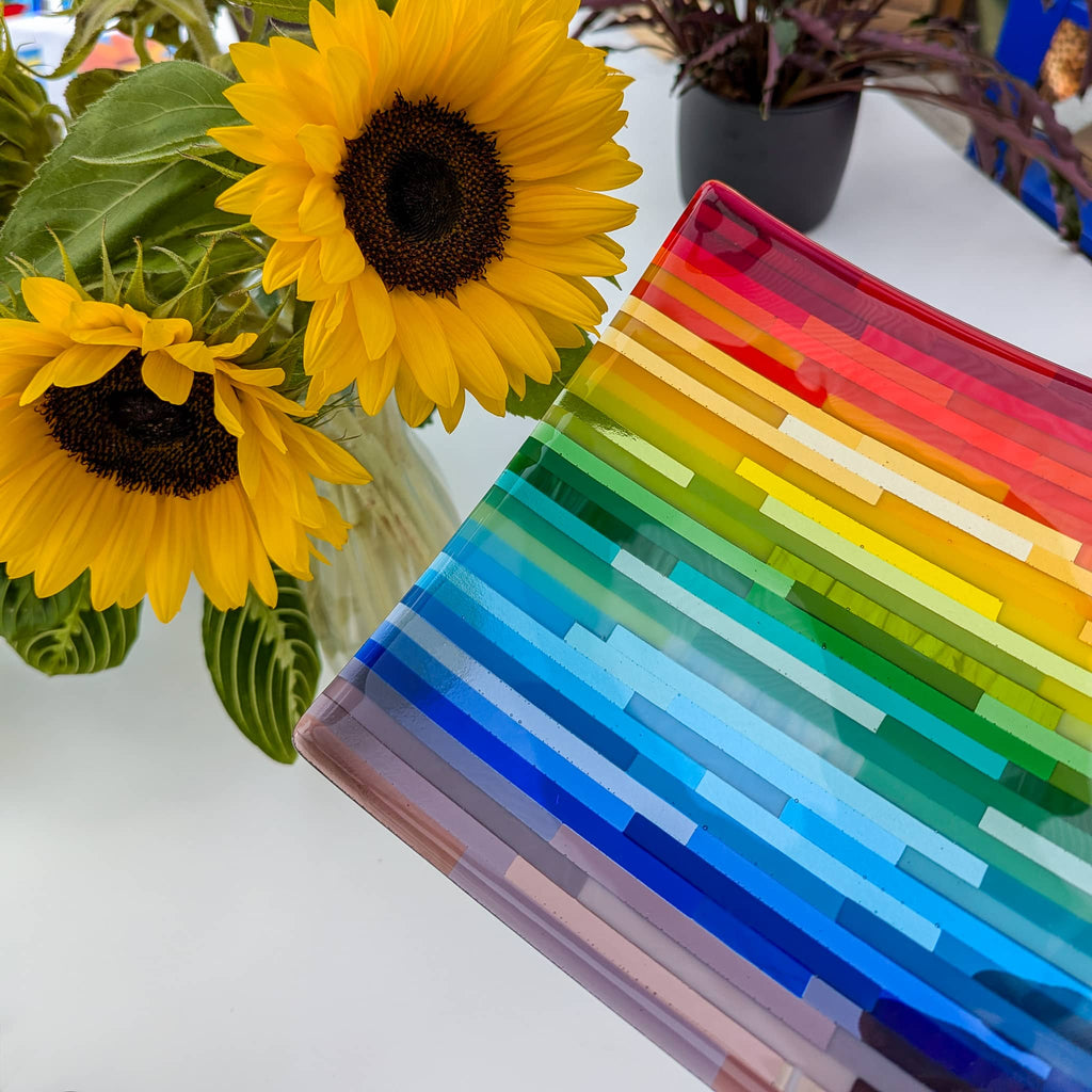 Large rainbow stripes fused glass dish