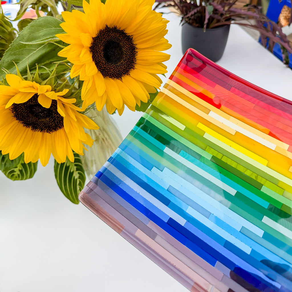 Fused glass square rainbow bowl with sunflowers