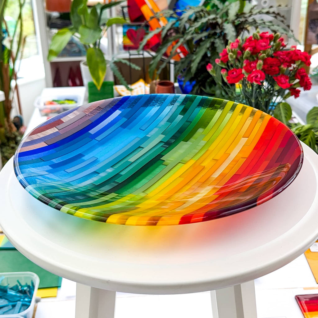 Round fused art glass rainbow bowl