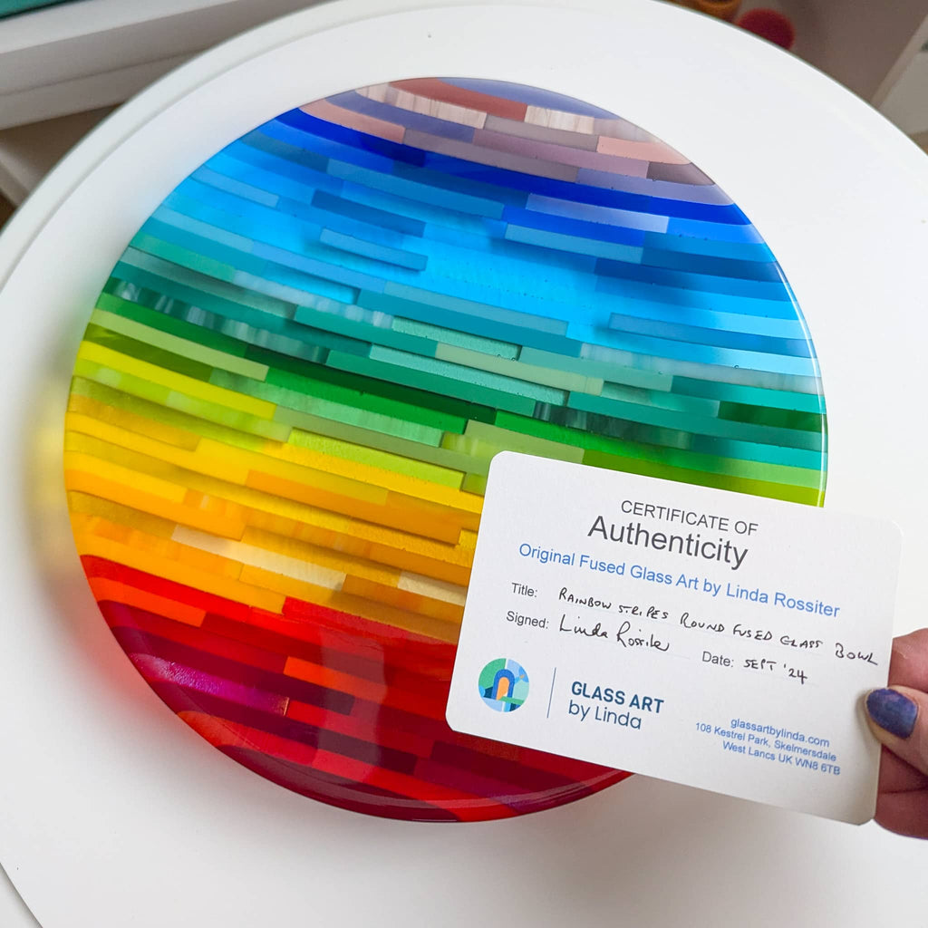 Rainbow stripes round fused glass bowl - Certificate of Authenticity