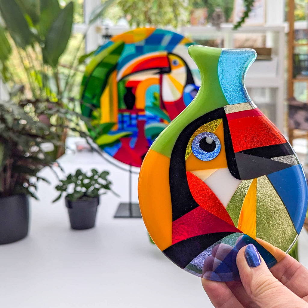 Toucans: Fused glass art miniature in the Hard Edge glass art style.
