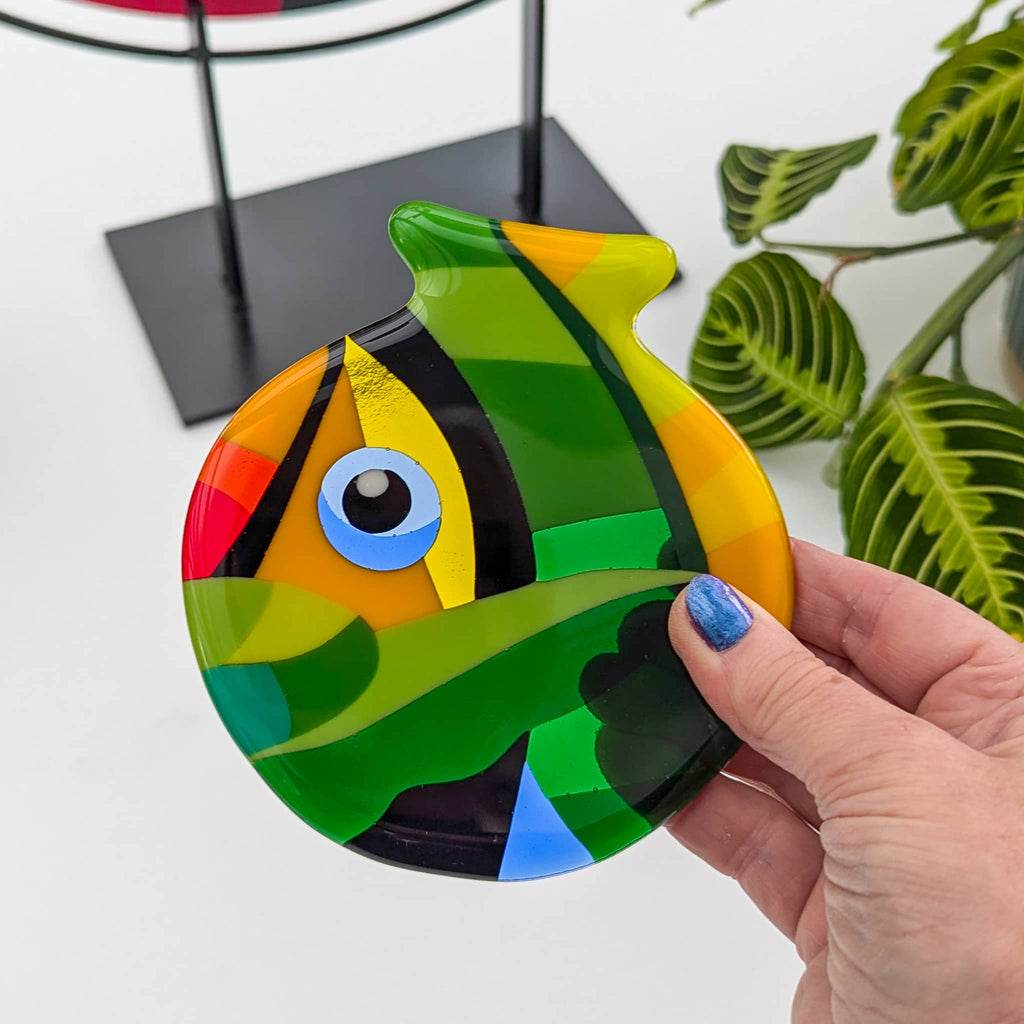 Toucans: Fused glass art miniature in the Hard Edge glass art style.