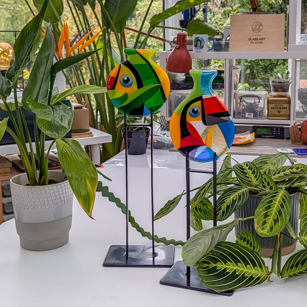 Toucans: Fused glass art miniatures in the Hard Edge glass art style. Complete with steel stands