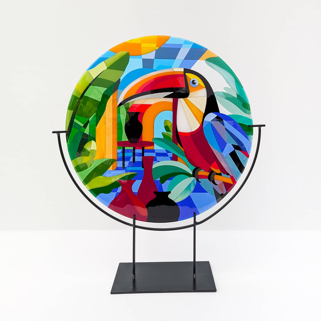 Toucans: Fused glass art roundel in the Hard Edge glass art style. Complete with custom-made steel stand.