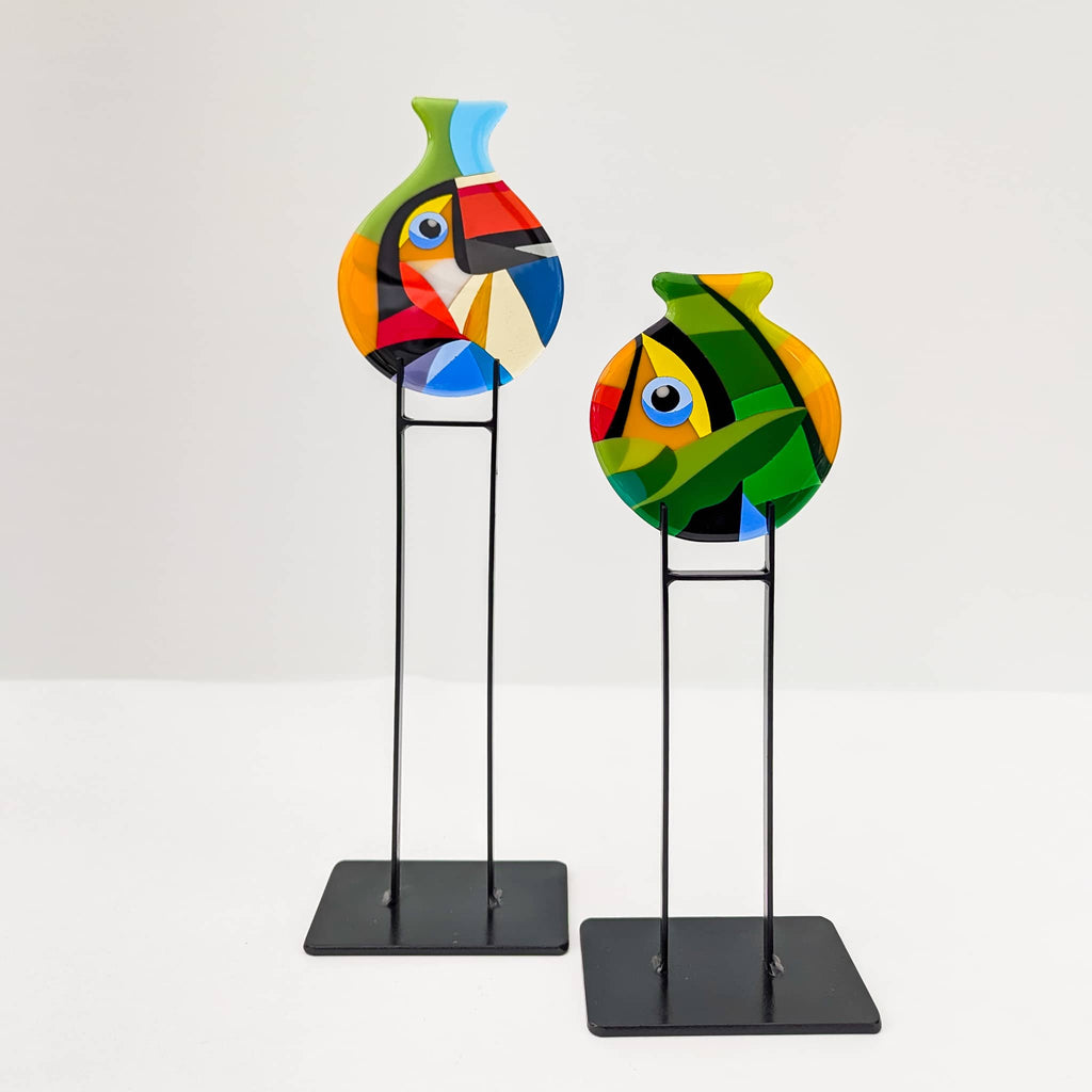 Toucans: Fused glass art miniatures in the Hard Edge glass art style. Complete with steel stands